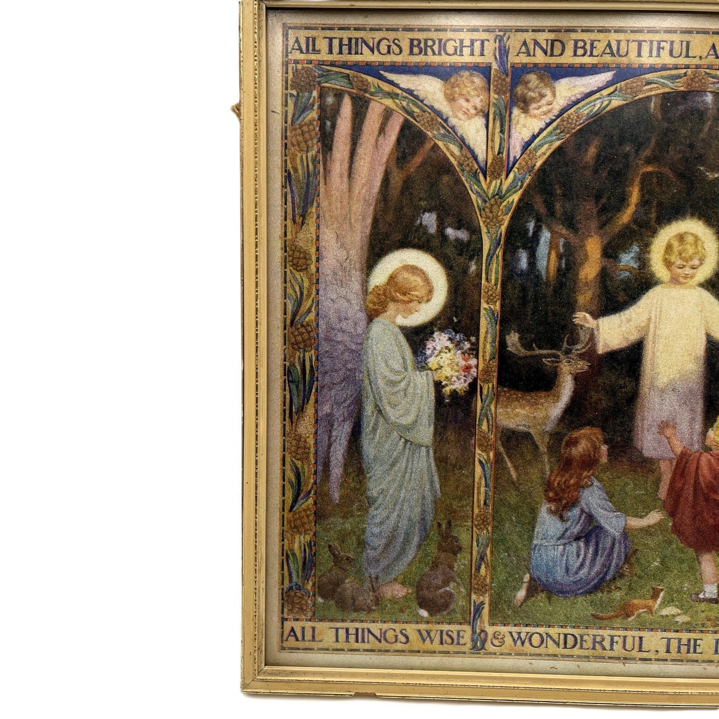 This is a vintage framed print of the illustration titled "All Things Bright and Beautiful" or "All Things Wise & Wonderful" by the English illustrator Margaret W.Tarrant (1888-1959). 


