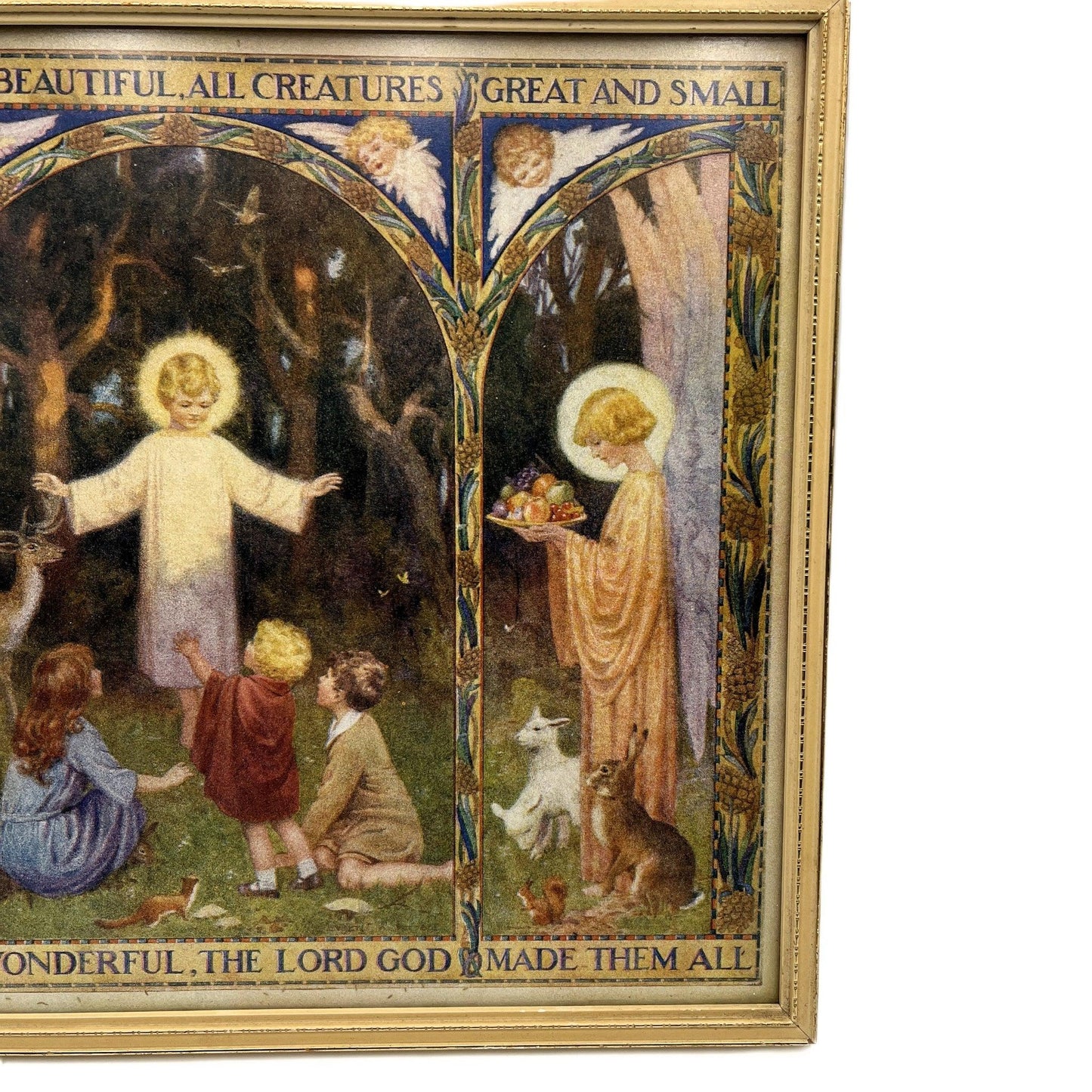 This is a vintage framed print print of the illustration titled "All Things Bright and Beautiful" or "All Things Wise & Wonderful" by the English illustrator Margaret W.Tarrant (1888-1959). 

