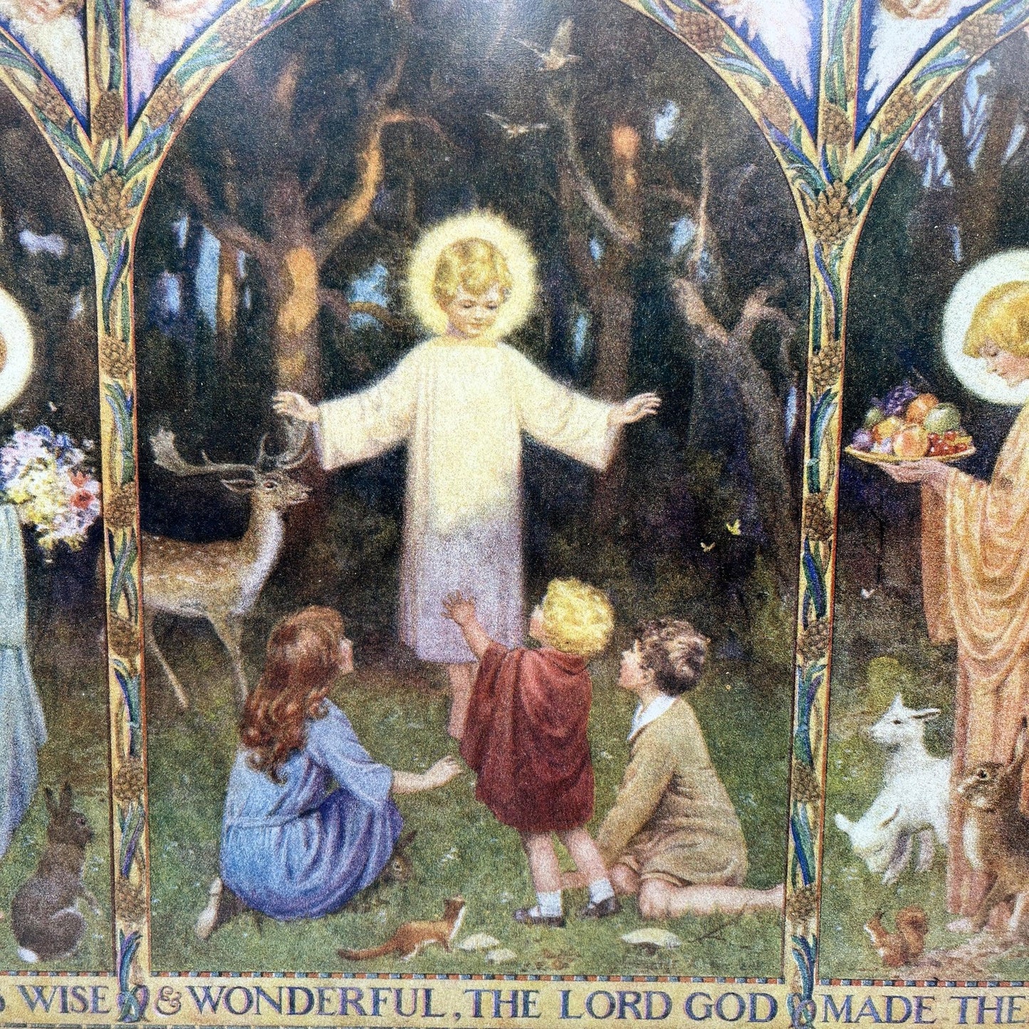 This is a vintage framed print of the illustration titled "All Things Bright and Beautiful" or "All Things Wise & Wonderful" by the English illustrator Margaret W.Tarrant (1888-1959). 

