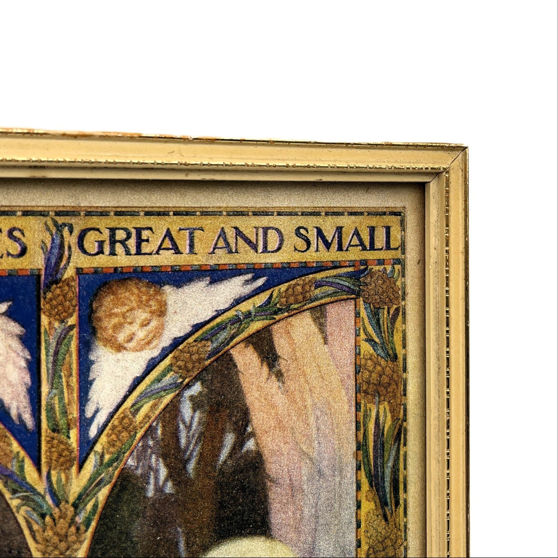 This is a vintage framed print of the illustration titled "All Things Bright and Beautiful" or "All Things Wise & Wonderful" by the English illustrator Margaret W.Tarrant (1888-1959). 

