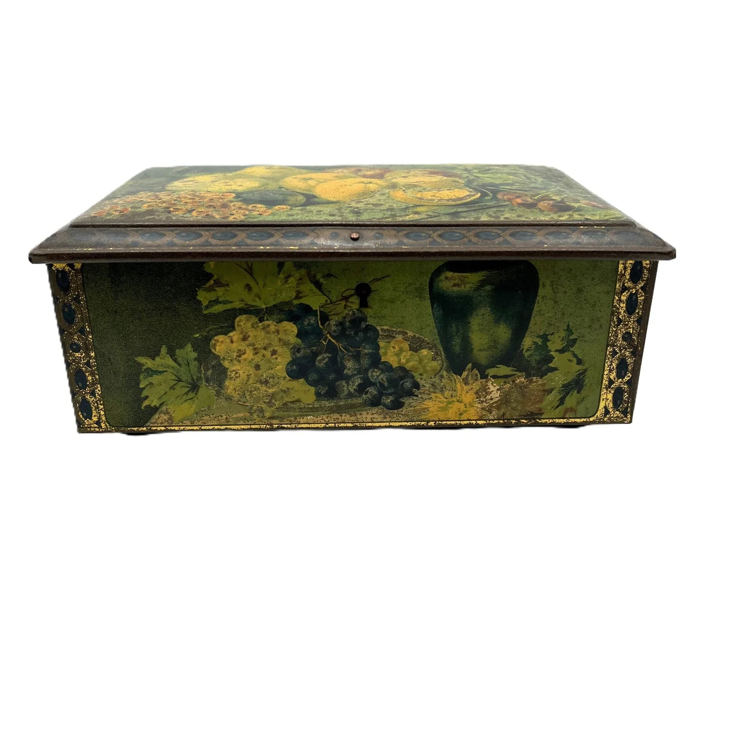 This antique fruit litho art hinged and footed Swiss sweet tin is a rare find for collectors of vintage tins and memorabilia. 
