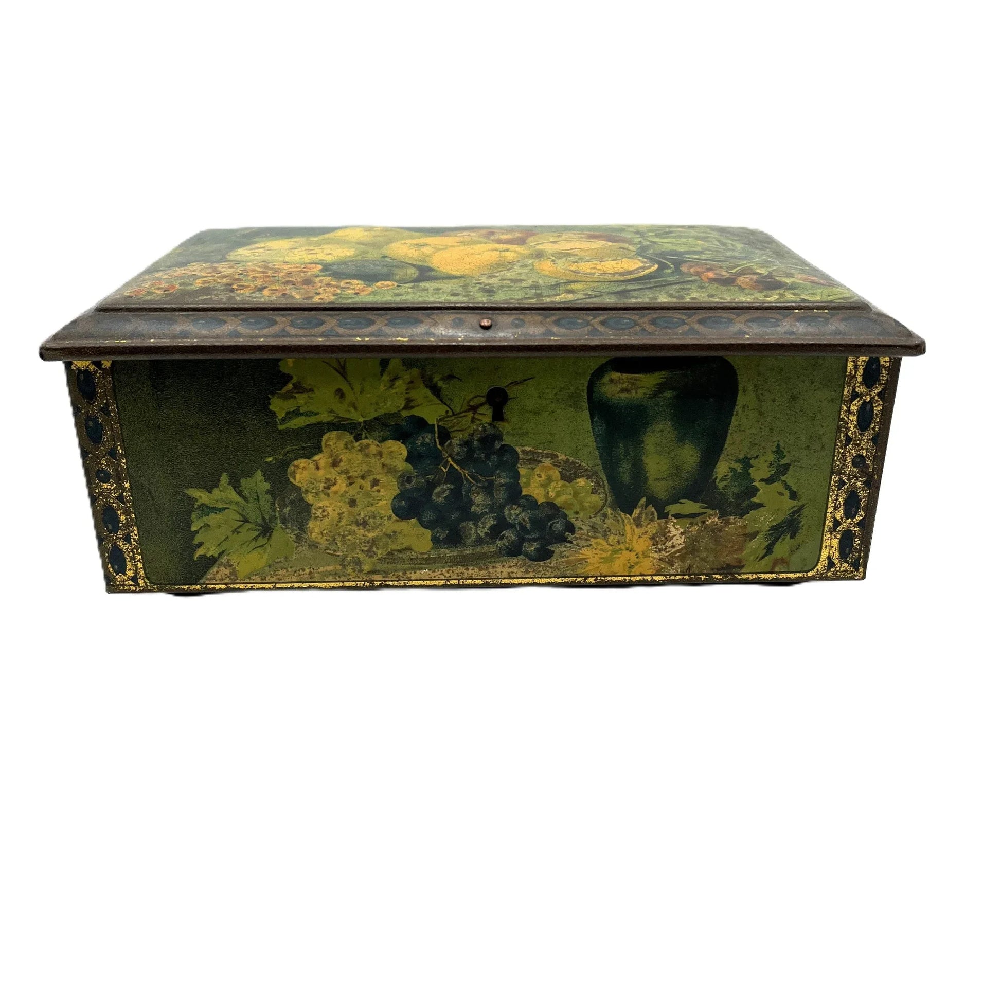This antique fruit litho art hinged and footed Swiss sweet tin is a rare find for collectors of vintage tins and memorabilia. 