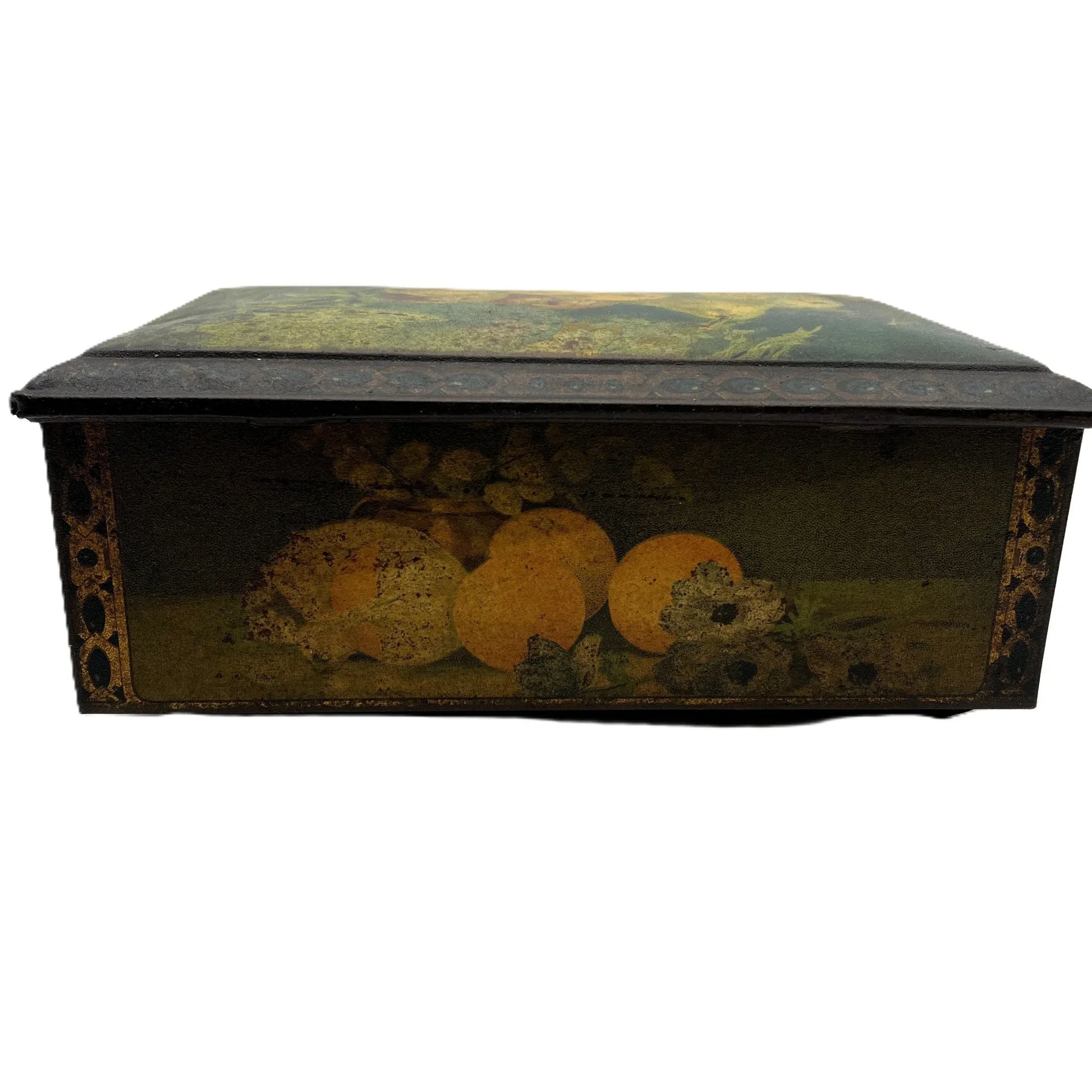 This antique fruit litho art hinged and footed Swiss sweet tin is a rare find for collectors of vintage tins and memorabilia. 