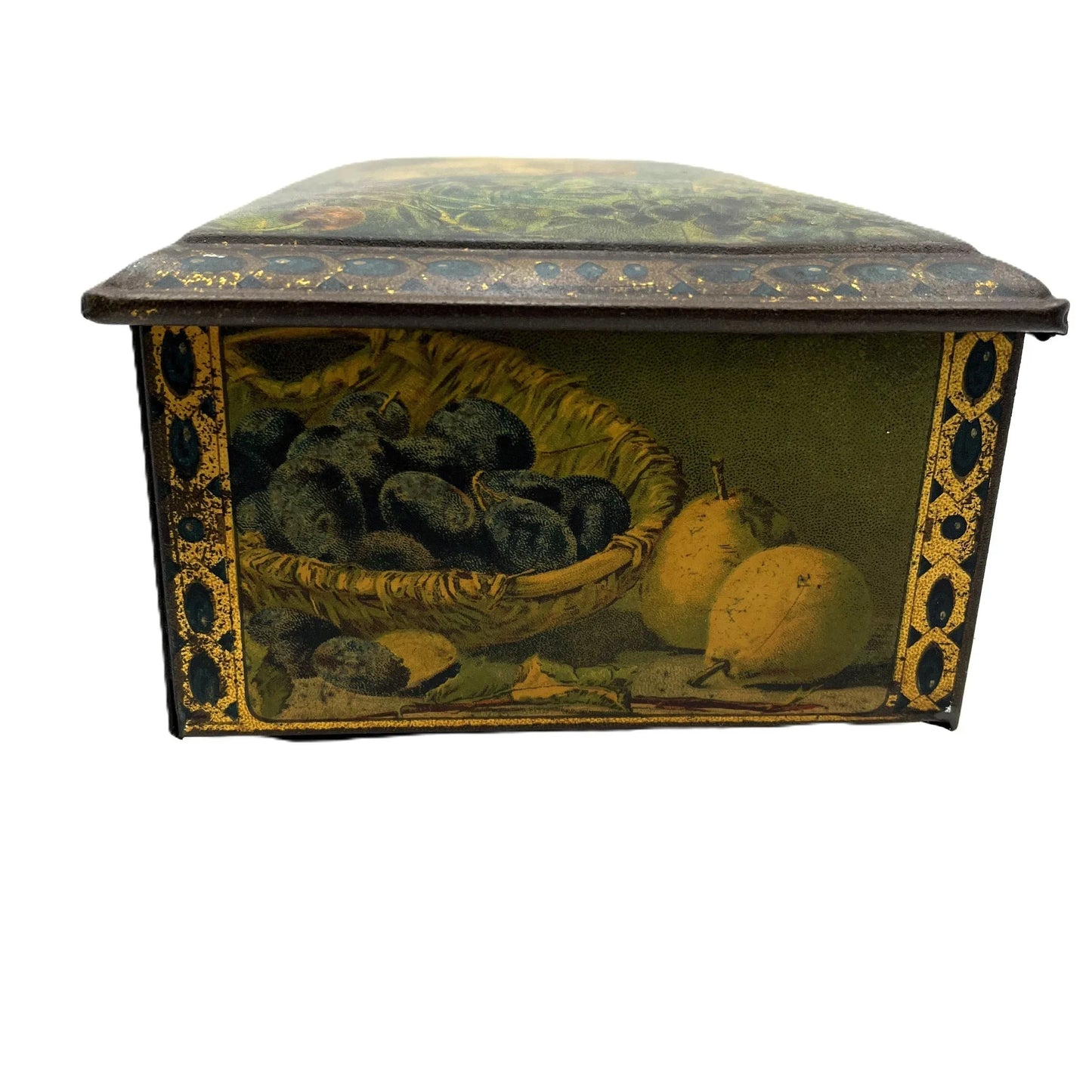 This antique fruit litho art hinged and footed Swiss sweet tin is a rare find for collectors of vintage tins and memorabilia. 