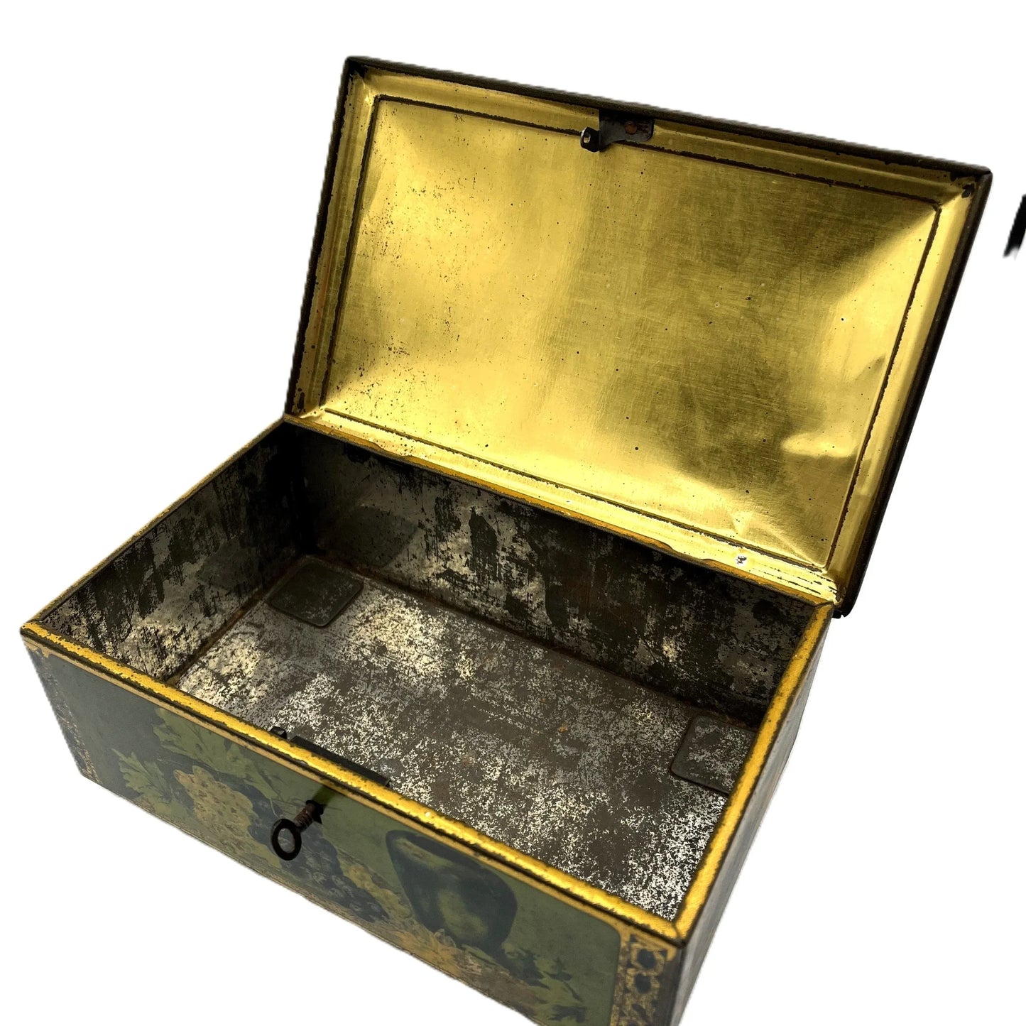 This antique fruit litho art hinged and footed Swiss sweet tin is a rare find for collectors of vintage tins and memorabilia. 