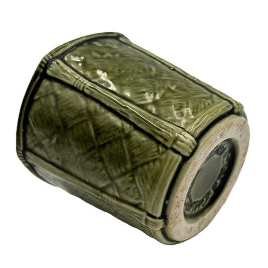 This is a vintage rich forest green rounded hexagonal shaped ceramic planter made by Churchill England. Typically featuring a bamboo and basket-weave or woven texture design, these planters were manufactured in the mid-20th century, often cited as the 1950s to 1980s