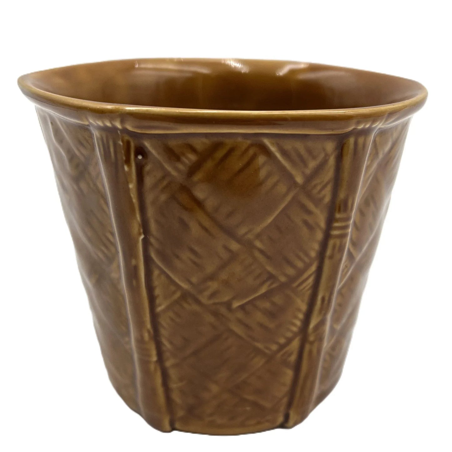 This is a vintage rich mustard rounded hexagonal shaped ceramic planter made by Churchill England. Typically featuring a bamboo and basket-weave or woven texture design, these planters were manufactured in the mid-20th century, often cited as the 1950s to 1980s