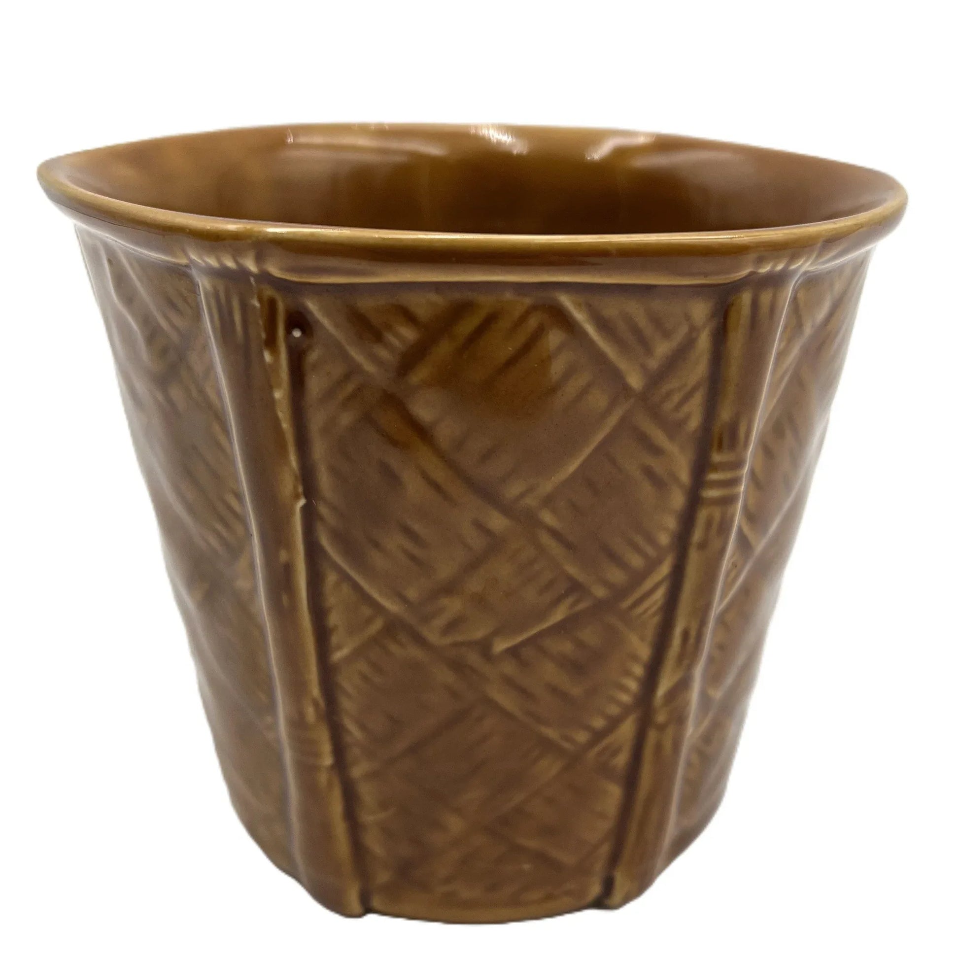 This is a vintage rich mustard rounded hexagonal shaped ceramic planter made by Churchill England. Typically featuring a bamboo and basket-weave or woven texture design, these planters were manufactured in the mid-20th century, often cited as the 1950s to 1980s