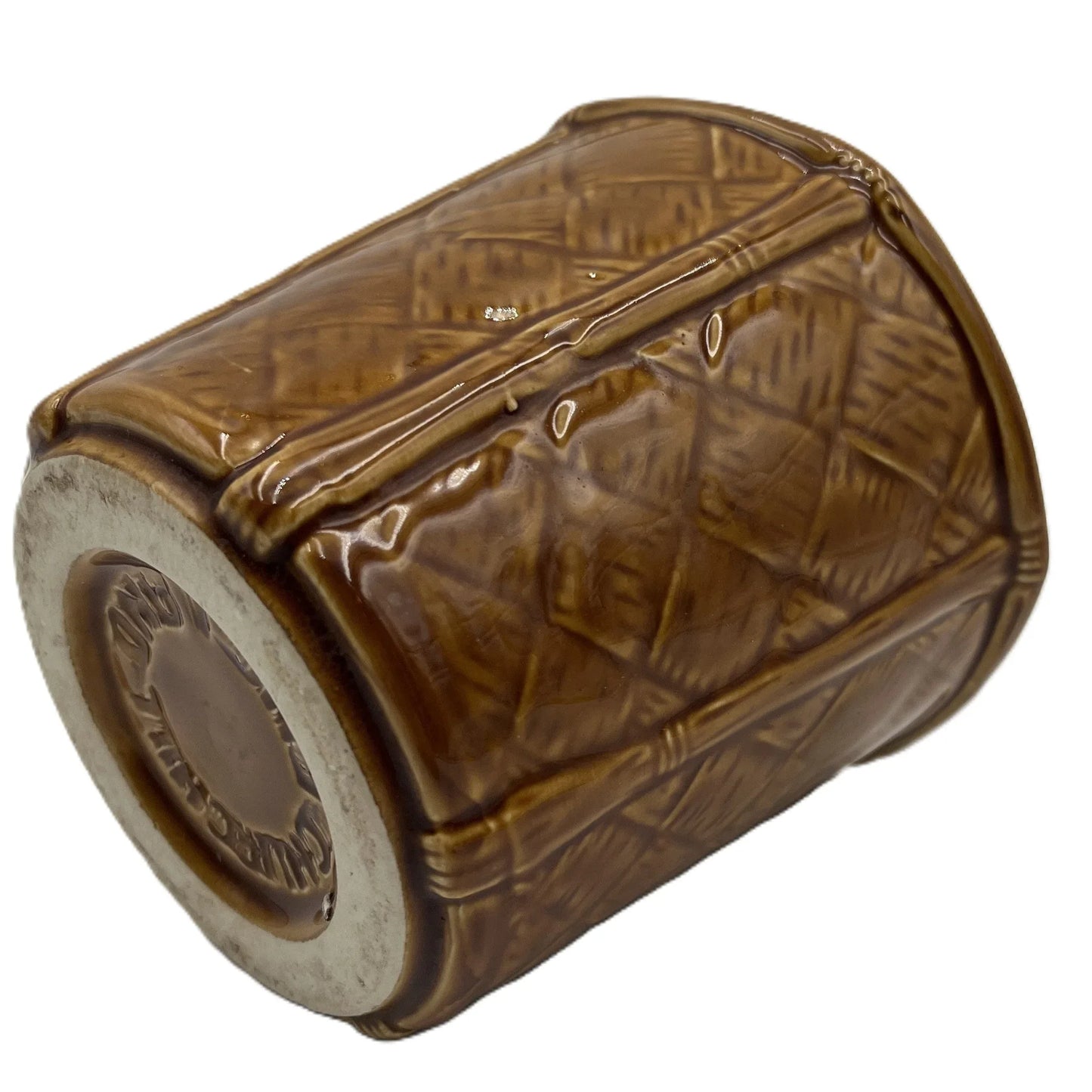 This is a vintage rich mustard rounded hexagonal shaped ceramic planter made by Churchill England. Typically featuring a bamboo and basket-weave or woven texture design, these planters were manufactured in the mid-20th century, often cited as the 1950s to 1980s