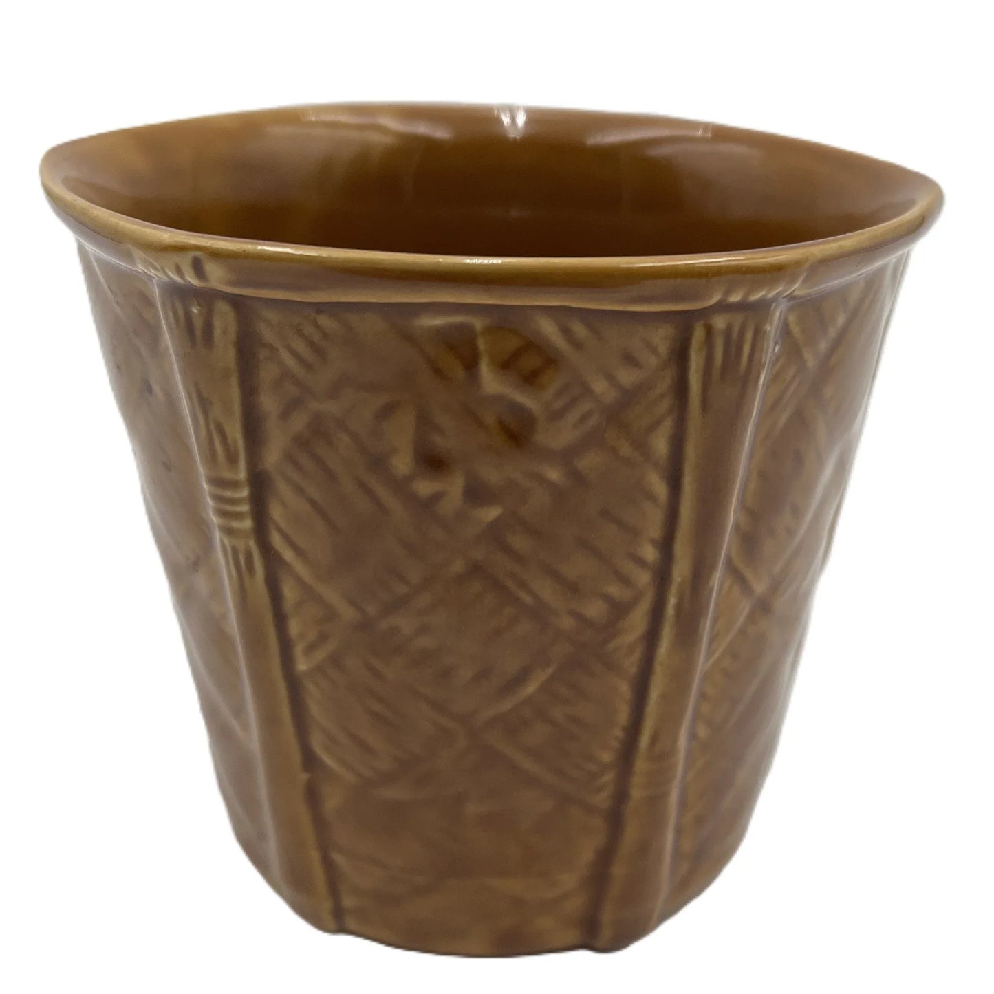 This is a vintage rich mustard rounded hexagonal shaped ceramic planter made by Churchill England. Typically featuring a bamboo and basket-weave or woven texture design, these planters were manufactured in the mid-20th century, often cited as the 1950s to 1980s